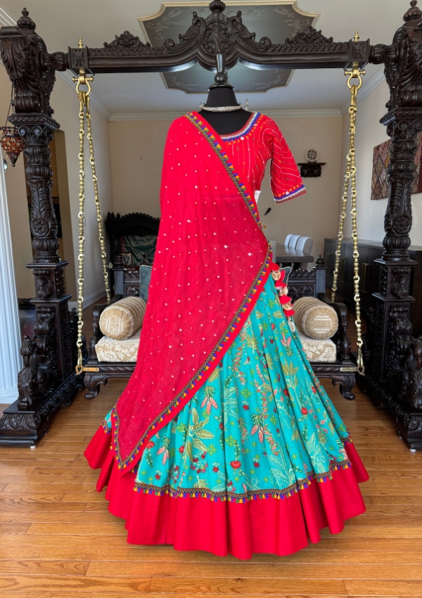 Teal Chaniya with Red Katha Blouse